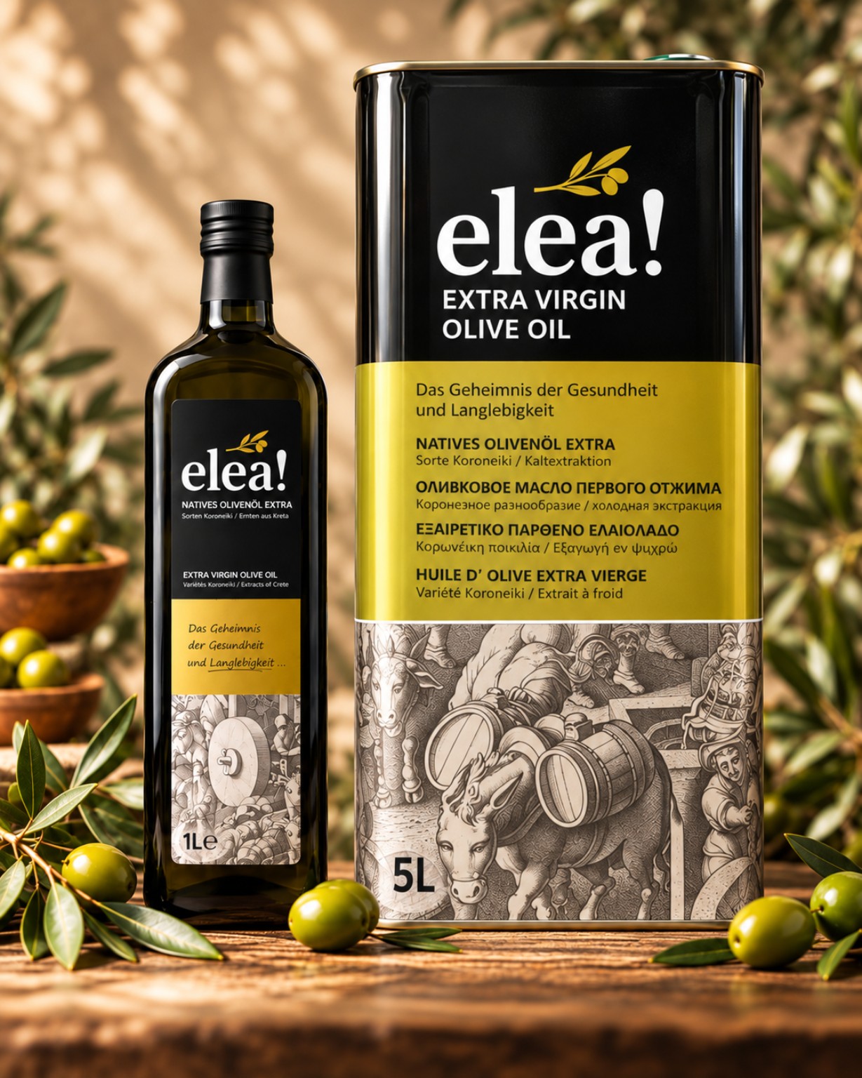 elea! Olivenöl in der 1-Liter-Flasche und im 5-Liter-Kanister